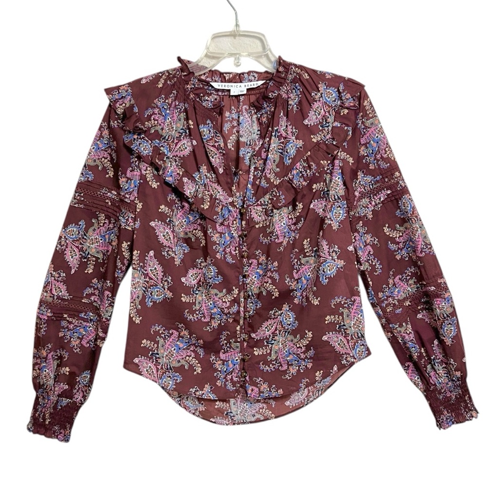 Veronica Beard Hopkins Ruffle Cottage Top 2 Brick Multi Paisley Boho Feminine
